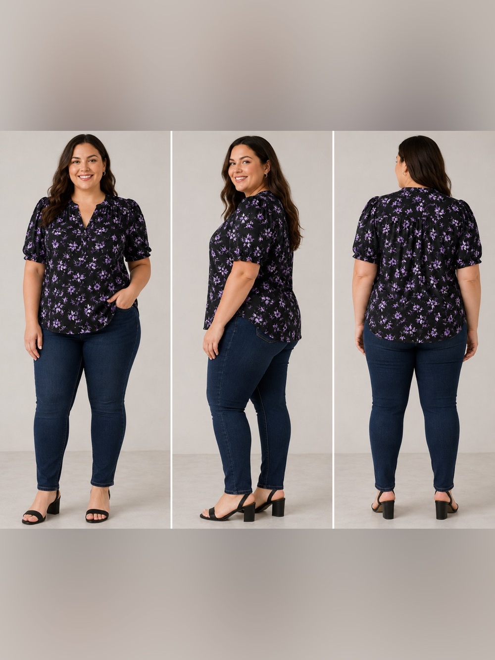 Torrid Black Purple Floral Puff Sleeve Blouse Size 1